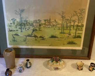 Lithograph Picture, Small Porcelain Jugs And A RockWood Pottery Vase