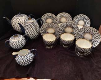 Imperial Russia Porcelain Cobalt Net Tulip Coffee And Tea Set