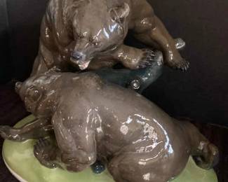 Glazed Porcelain Fighting Bears Sculpture
