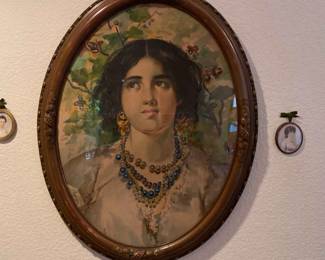 Elegant Woman Lithograph And Two Miniature Portraits