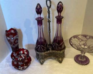 Bohemian Amethyst Glass Cut Decanters And Three More Pieces