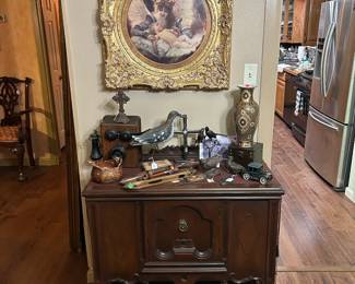 Matching buffet, antique wooden hand crank wall phone, wooden weaving shuttles, 