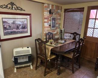 Antique wood table with 6 chairs (need recovered), 