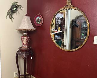 Ornate Wood Plant stand with marble inlay (1 of 2 available),  beautiful round mirror