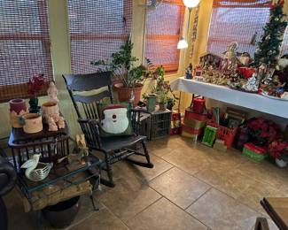 Antique rocker, iron & glass occasional table, vintage Borden, Golden & other milk bottle crates