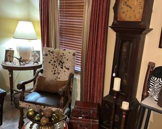 Antique Itasca grandfather clock, stacking graduated chests