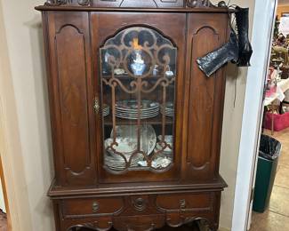 Matching curio cabinet, antique women’s booties