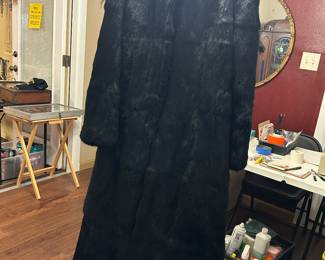 Beautiful black full length rabbit  coat W/ hood