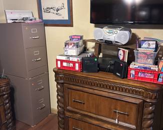 Wood lateral filing cabinet, stacking 2 drawer filing cabinets, CD’s, DVD’s, VHS tapes, VCR