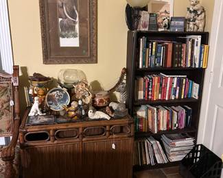 Bamboo table, African wildlife decor & elephant picture, floor lamp, book shelf