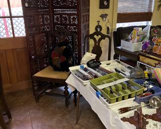Ornately carved room divider solid brass, kitchen utensils & silverware