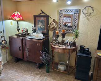 Art deco buffet, heavy metal base lamp with leather tri color shade, bamboo table, 
