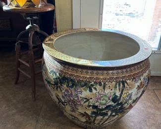 Vintage huge Chinese Koi Fish bowl 26” wide—has fish painted on the interior of the bowl, excellent condition 
