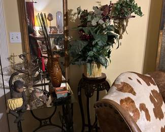 Beautiful long gold mirror, monkey shelf sitter, ornate marble top plant stand (1 of 2 available), treadle machine base table