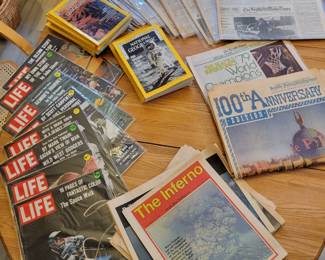 Vintage Life magazines, newspapers, National Geographics.