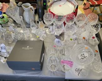 Waterford. Hock glasses, plates, napkin rings, salt & pepper shakers, ring holder, bowl.