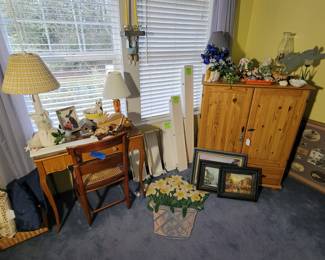 Small antique desk (with glass top) and desk chair. Pine TV armoire, lamps, oil paintings, rugs.