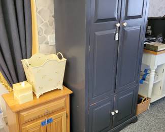 Oak cabinet, Pine Armoire, Bee metal basket.
