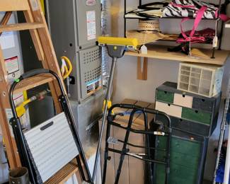 Ladders, walker, bags and misc garage bits.