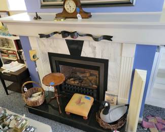 Antique mantle clock. Pineapple foot stool, small antique pie crust table.