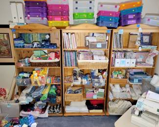 Batiks, project storage containers, quilt books and patterns, felt, flannel, etc.