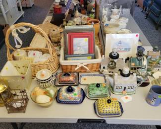 Bee decor, Polish pottery butter dishes, lighthouses.