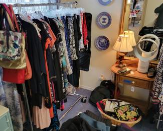 Women's dress and skirts, Coach bags, Oak table, large gold framed mirror, lamp, Dyson Air Purifyer.