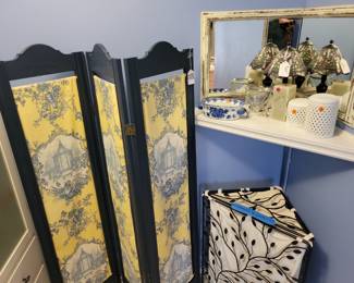Custom 3 panel screen, misc. bathroom decor bits. Hamper not for sale.