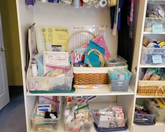 Quilting stencils, threads including serger thread. Dahlia quilt top, beading supplies.