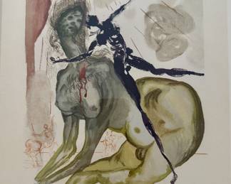 Wood engraving by Salvador Dali, part of a limited edition set illustrating Dante‘s Divine Comedy. It is entitled “Hell 12- Minotaur” c. - 1960
