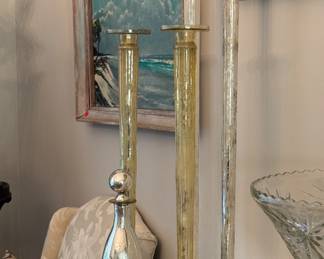 Tall art glass candlesticks - silver leaf