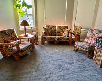 Vintage rattan furniture with bark cloth cushions