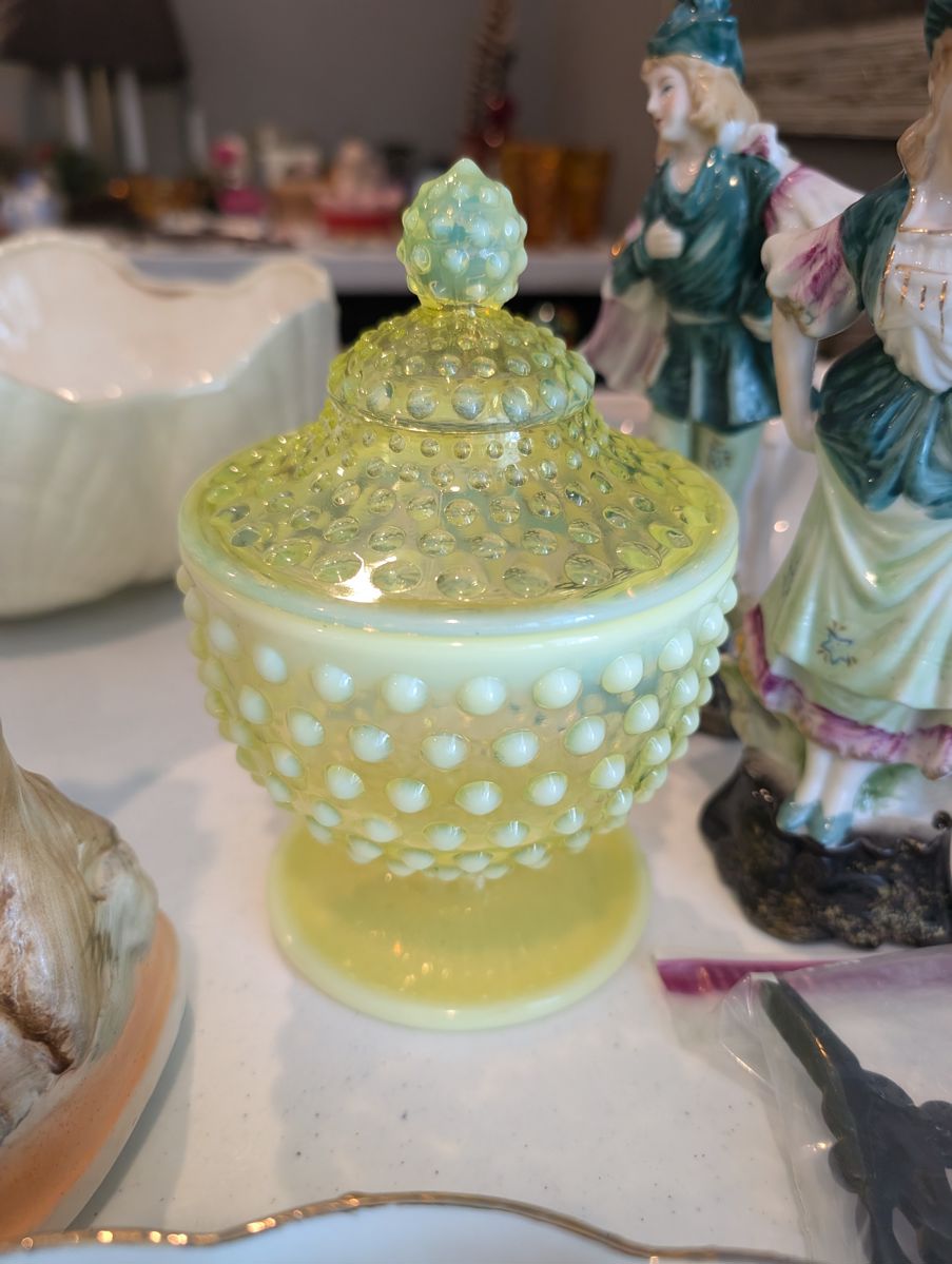 Fenton hobnail vaseline glass candy dish