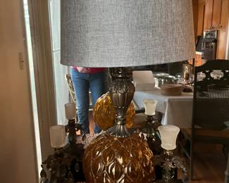 Pair 1960's Amber Glass Lamps