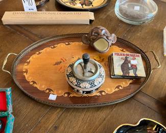 Satinwood Italian Inlaid Gallery Tray, Vintage Treasurecraft Ashtray 