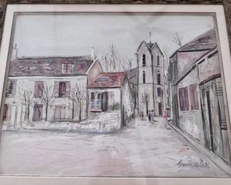 Painting measuring 21.75" X 27.75".  Church Tower Center Right on Street with Two Story Buildings, Winter Scene in White, The Buildings in Pastel Pink Highlight, The Trees Without Leaves, Signed Maurice Utrillo in Lower Right Corner.  Authentication Papers From Gilbert Petrides, Paris. 17.06.97, No. 25.534