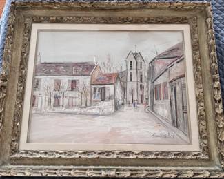 Painting measuring 21.75" X 27.75".  Church Tower Center Right on Street with Two Story Buildings, Winter Scene in White, The Buildings in Pastel Pink Highlight, The Trees Without Leaves, Signed Maurice Utrillo in Lower Right Corner.  Authentication Papers From Gilbert Petrides, Paris. 17.06.97, No. 25.534
