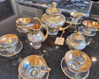 24 K Gold, Enamel, Vintage Venetian, Murano Glass 15 pcs. Tea Set. Art Glass, Heavy Gold Gilt with Raised Porcelain Flowers.  (Authenticated by Original owner, never used.) 