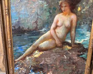 Framed Lillian Genth Painting of Henrietta.  Oil on Canvas Measuring 60x40.  Nude Woman Reclining on a Rock Against an Impressionist Background.  Signed Lower Left