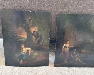 18th Century, Oil on Wood.  Attributed to Thomas Barker.  2- Paintings--Startled Maiden Behind Tree, Peasant Couple in Farmyard Setting.