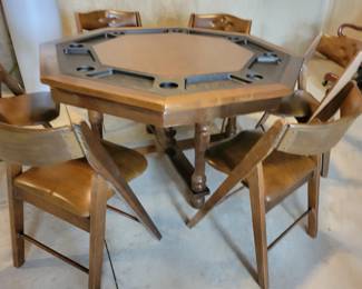 $150 POKER/CARD/BUMPER POOL TABLE WITH STUNNING MCM CUSHIONED FOLDING CHAIRS SOLD SEPARATELY AT $15 EACH X 6.