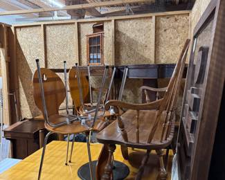 Amish wood bench and Vintage Mid Century Modern Denmark Plywood and metal  Chair