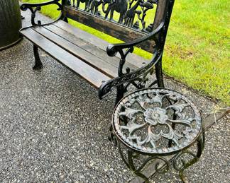 Black Wrought Iron/Wood Outdoor Bench, Black Wrought Iron Side Table with Floral Design