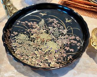 Toyo Shibata Tenmoku-Kiku Japan Black Porcelain Charger with Floral Design