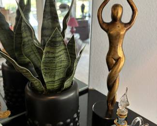 Potted Sansevieria Plant, Egyptian Blown Glass Magic Lamp Perfume Bottle, Mid Century Brass Nude Dancer Figurine 