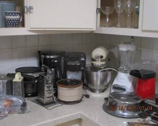 Small kitchen appliances - some vintage such as the Kitchenaid Mixer and waffle iron