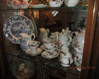 Blue transfer ware and Royal Sealy Moss Rose tea and coffee set