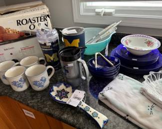Mugs, Michigan University Tumbler, Plates, Pfaltzgraff Spoon Rest