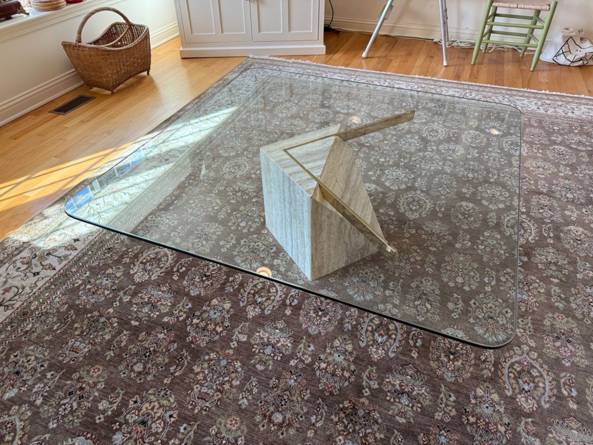 Vintage Mid-Century Modern Travertine Stone & Brass Square Glass Cocktail Table by Artedi  