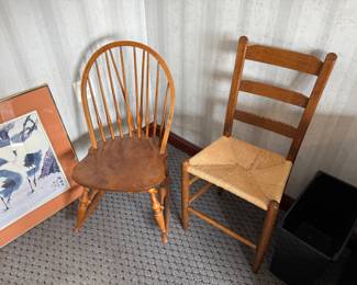 Vintage American maple chairs: Nichols & Stone Rocker; Shaker style Ladder Back rush woven seat